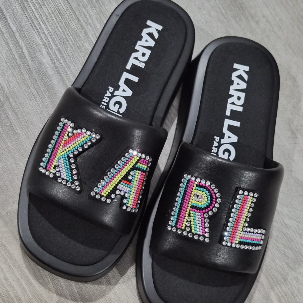 Karl Lagerfeld Black Slide Sandals with Colorful Lettering